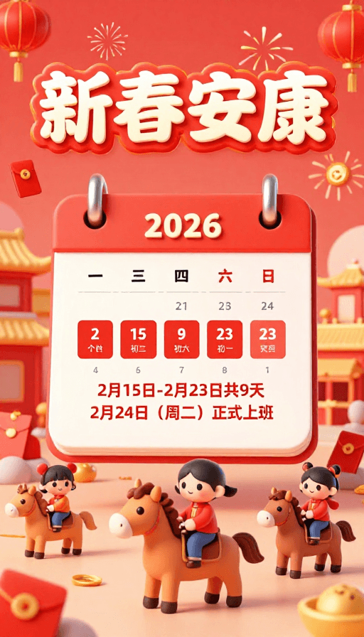 新年祝福素材：春节快乐！2026年假期3D卡通日历插画