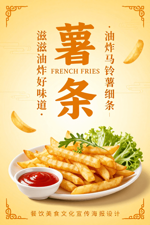 中式美学素材：东方美学薯条：暖黄渐变背景下的中式美食海报