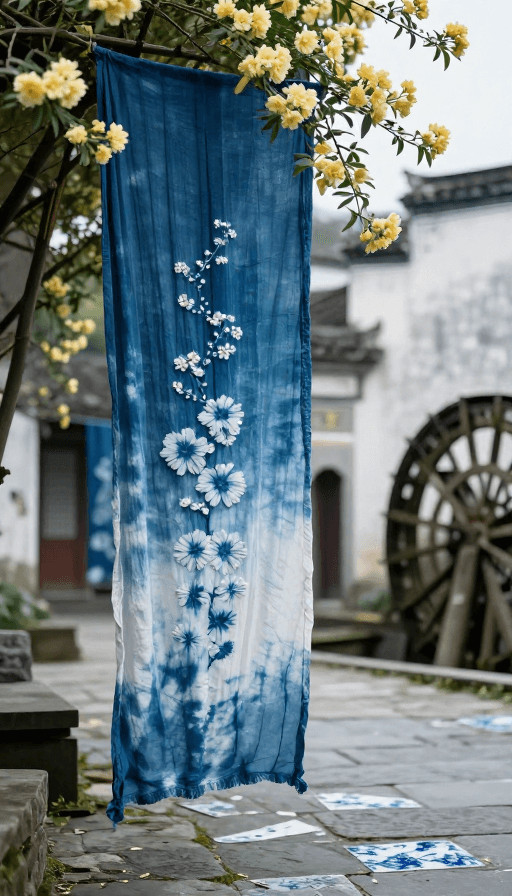艺术摄影素材：靛蓝扎染布帘下的古韵：徽派建筑与青花瓷的诗意交融