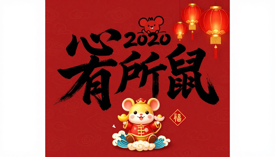 中国风海报素材：2020鼠年中国风新年海报：红韵书法与金鼠贺岁