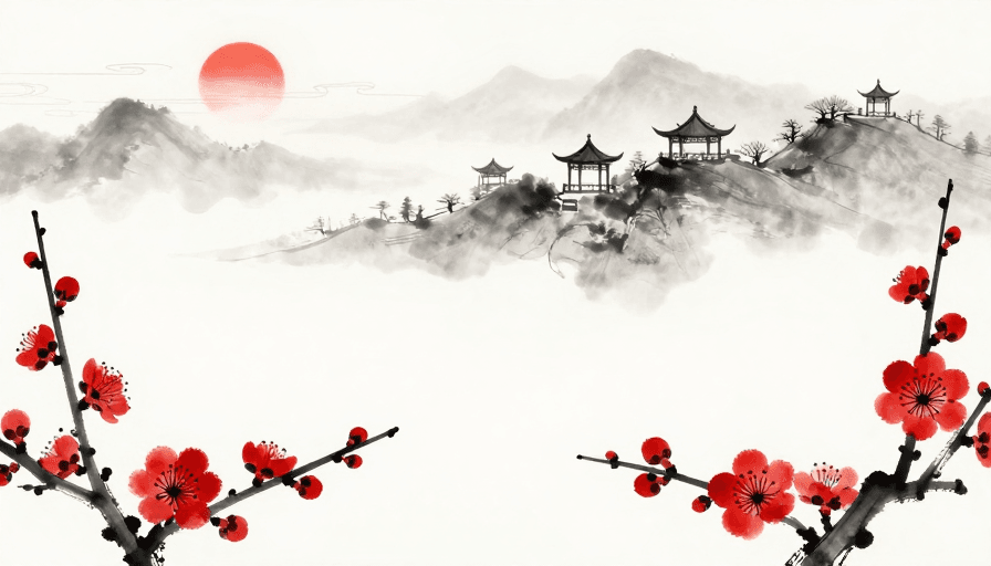 艺术背景素材：东方水墨意境：留白山水与古典亭台梅韵