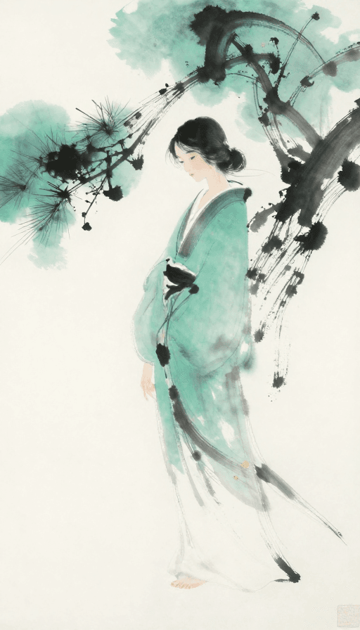 写意插画素材：水墨晕染绫濑遥：禅意东方美人写意画卷