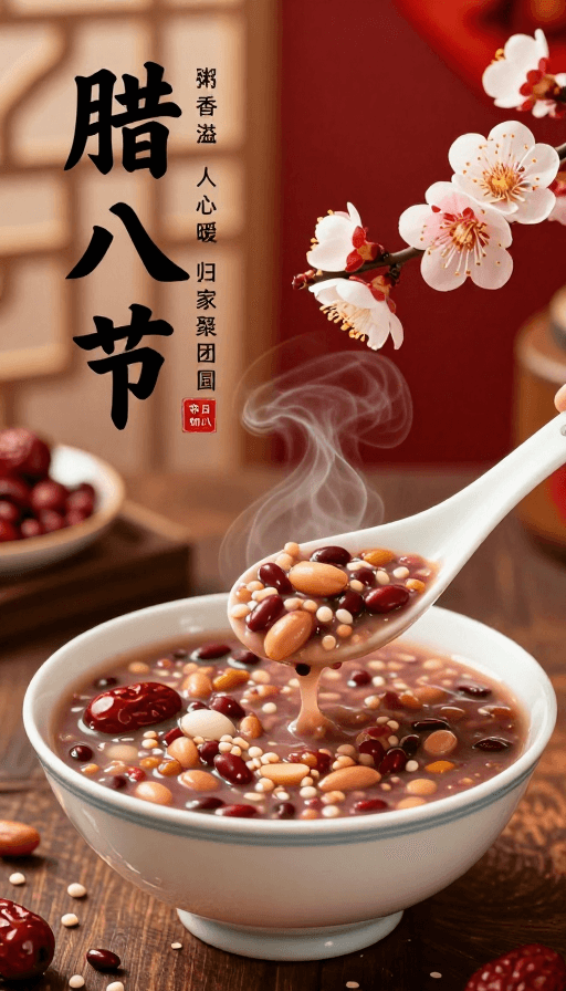中式美学素材：腊八节美食海报：暖粥香溢团圆时