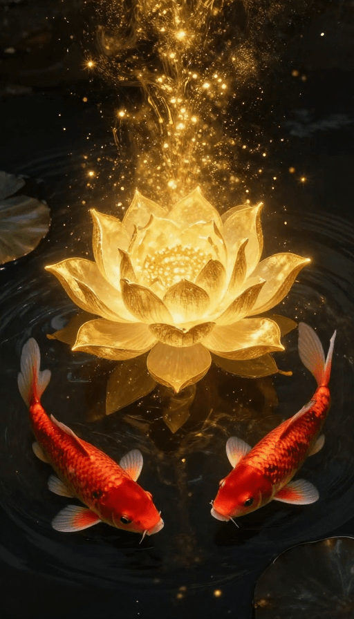 中国风元素素材：金荷夜辉：仙鲤游弋的国画幻境