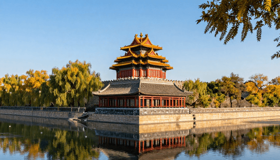高清实景拍摄素材：秋日故宫角楼全景：红墙黄瓦映碧水