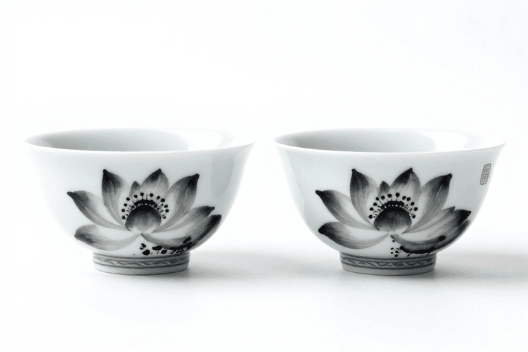 光影设计素材：水墨莲花白瓷茶碗：传统雅韵与现代光影的完美融合