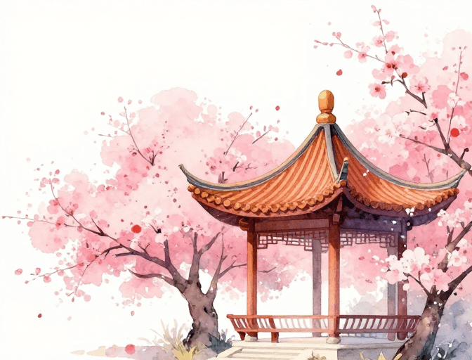 中式庭院素材：东方韵味：淡雅春日中式小亭水彩意境