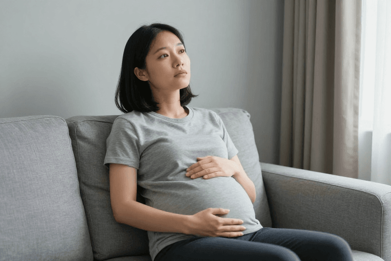 低饱和色调素材：疲惫的亚洲孕妇：柔和光影下的母爱瞬间