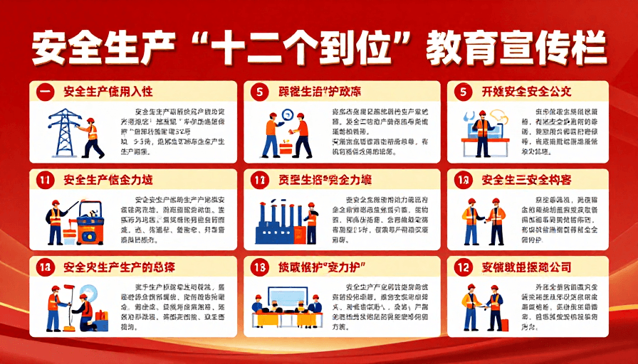 #企业文化墙素材：安全生产‘十二个到位’教育宣传栏设计展示