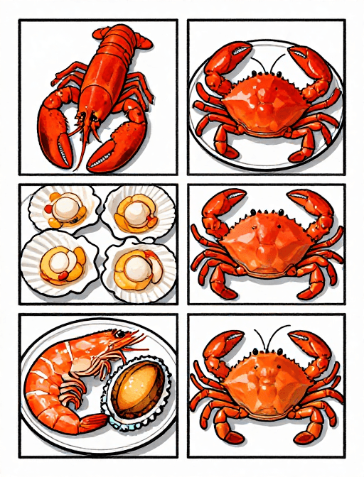 手绘漫画素材：手绘漫画：龙虾鲍鱼海鲜盛宴