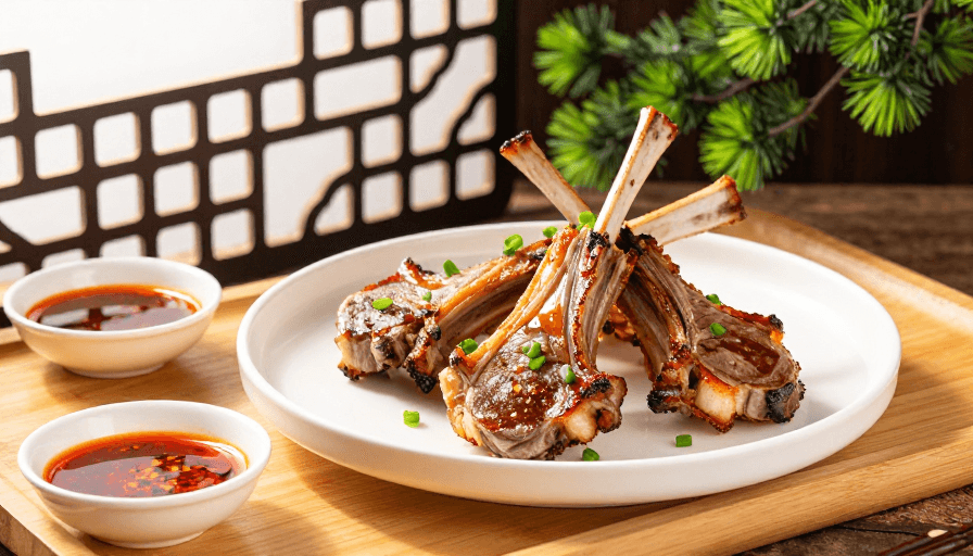中式料理素材：焦糖烤羊排：中式奢华美食的视觉盛宴