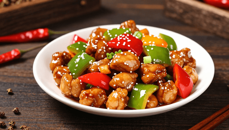 食材特写素材：诱人宫保鸡丁特写，深色桌面上的美味呈现