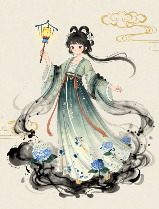 古风萝莉素材：流体水墨古风萝莉插画：动态走马灯与绣球花绽放