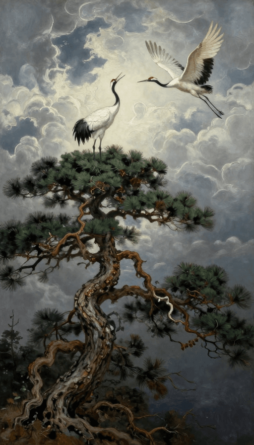 吉祥寓意素材：幽暗松鹤图：沧桑古树与仙鹤共舞的暗黑油画意境