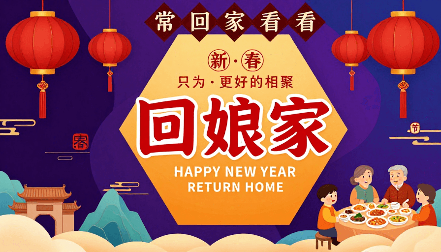 新年主题素材：中国风新年海报：回娘家·团圆喜庆设计