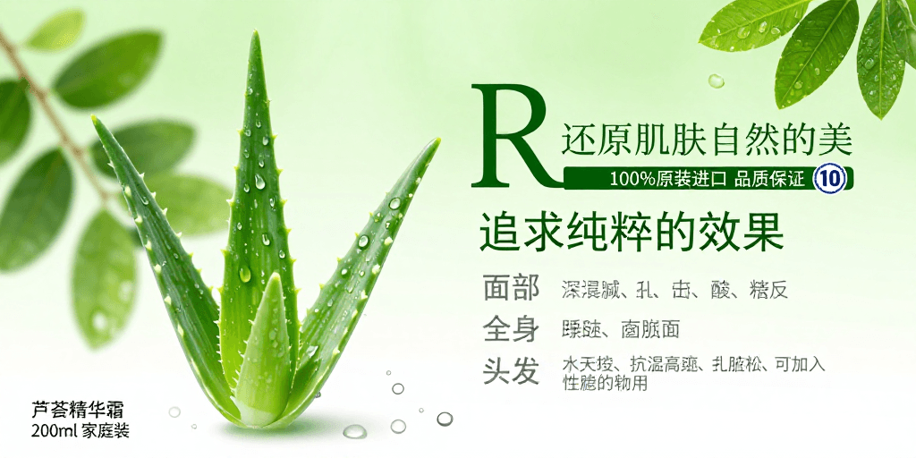 绿色渐变背景素材：清新芦荟精华霜广告：还原肌肤自然美