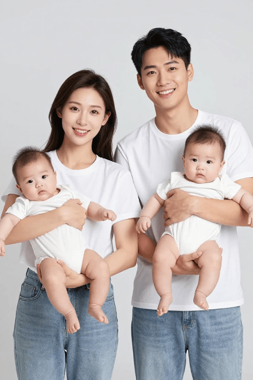 亲子摄影素材：温馨家庭时刻：年轻夫妇与婴儿的纯白笑容