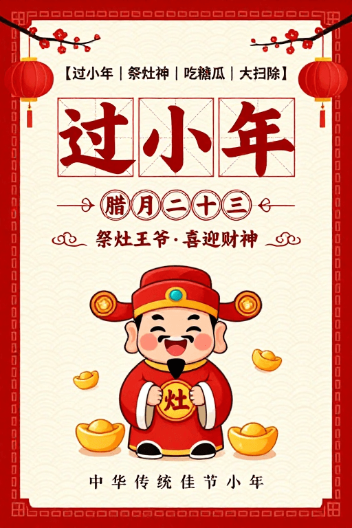 中国传统节日素材：红色过小年海报：传统节庆与现代设计融合