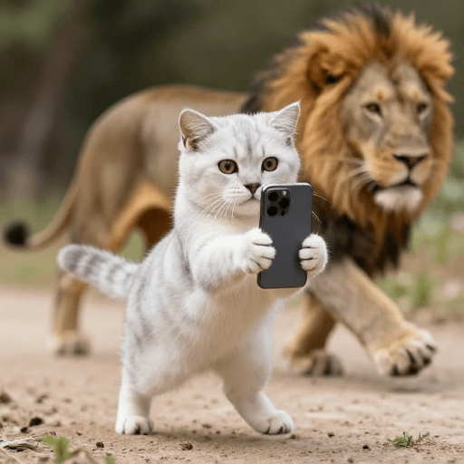 银渐层猫咪素材：银渐层猫咪惊险自拍：狮子追捕下的求生瞬间
