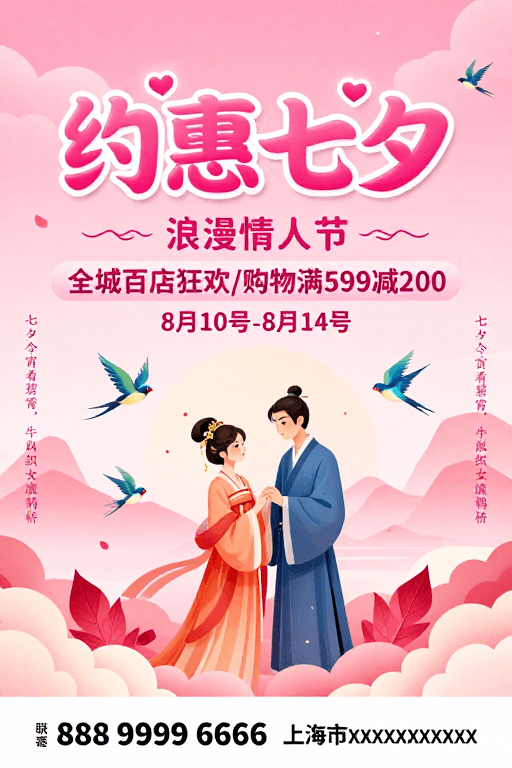 七夕节促销素材：七夕浪漫促销：粉色梦幻古风情侣海报