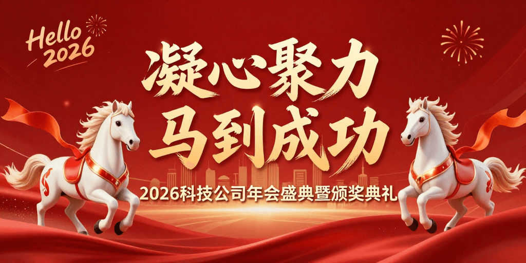 中国红素材：红色渐变双马奔腾：2026科技年会盛典视觉