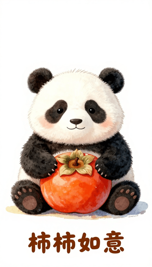 水彩画素材：萌趣熊猫抱红柿 水彩治愈插画