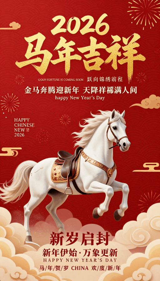 金色视觉素材：2026马年喜庆海报：金色骏马与吉祥文字设计