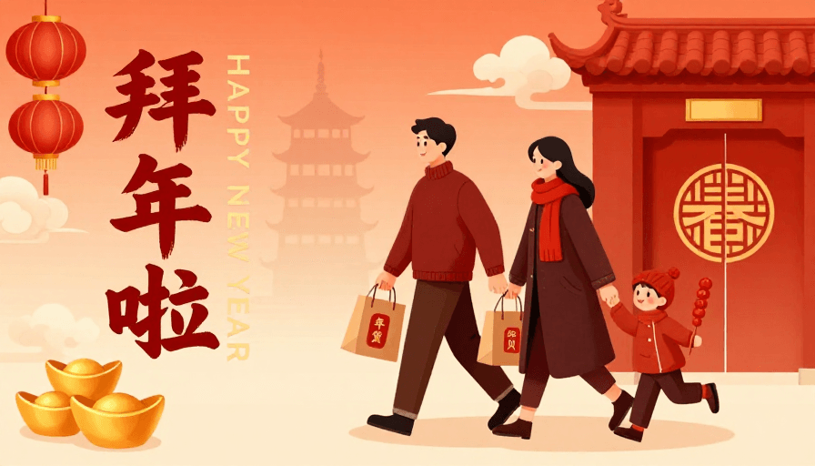 传统元素素材：暖橙渐变中新年快乐祝福现代插画海报