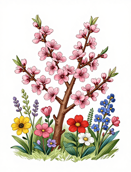 高分辨率素材：Redoute风格桃花艺术插画·治愈系8K高清壁纸
