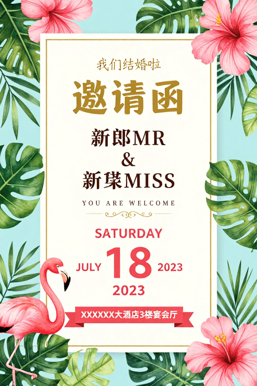 婚礼邀请函素材：清新热带风婚礼邀请函，浪漫度假设计