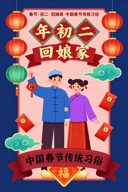 传统习俗素材：扁平插画春节海报：年初二回娘家传统习俗