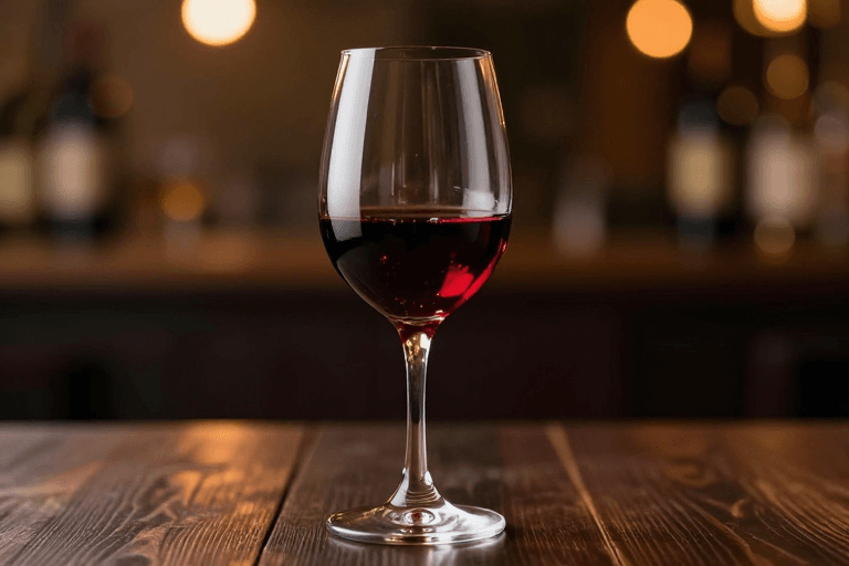 温暖光影素材：醇香红酒高脚杯特写：暖光下的奢华光影
