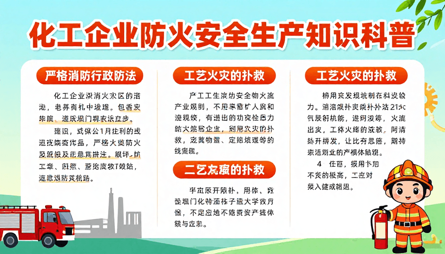 图文排版素材：化工防火科普：橙红警示蓝绿工业风海报