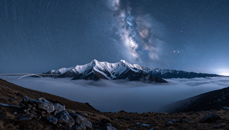 天文科普素材：雪山之巅：银河拱桥与云端仙境的冷调夜景