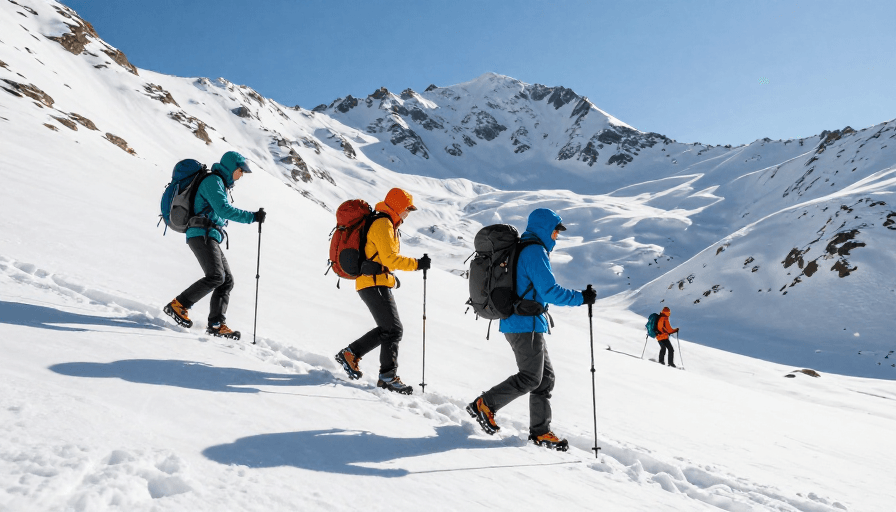 户外摄影素材：无畏雪峰：四人攀登挑战纯净壮美