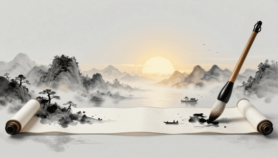 山水画素材：水墨山水画卷晨光晕染诗意意境