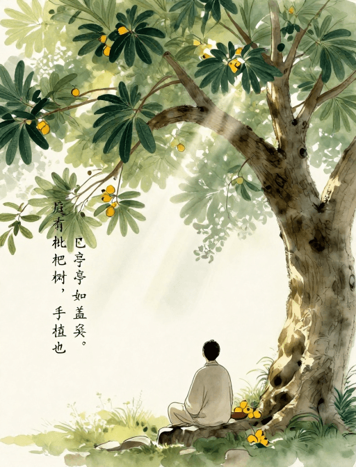 背影剪影素材：古朴庭院：诗人手植枇杷树的背影
