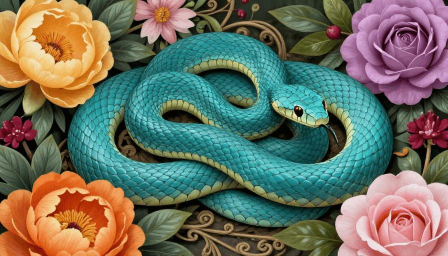 S形构图素材：青绿蛇舞繁花间：细腻鳞片与牡丹玫瑰的共生之美