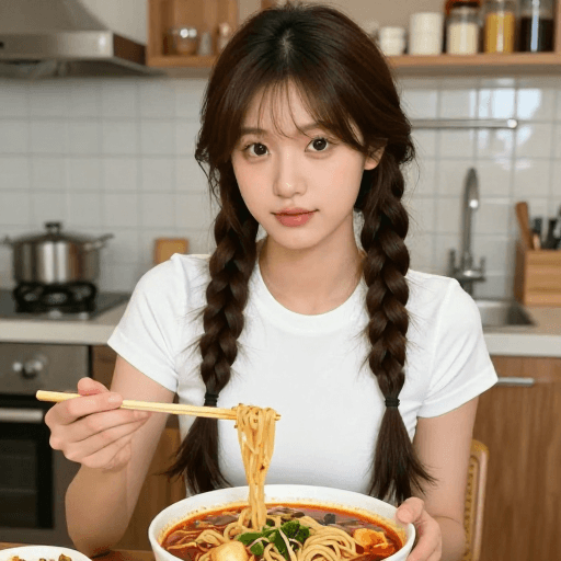 生活场景素材：韩系麻花辫少女在温馨厨房享用丰盛麻辣烫