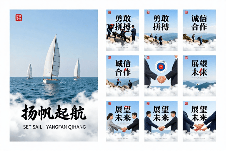 团队协作素材：扬帆起航：清新商务励志海报设计展示