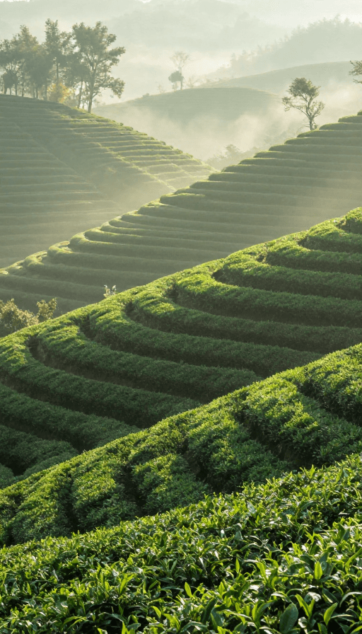绿色植被素材：晨曦茶山薄雾秘境：大师级实景大片