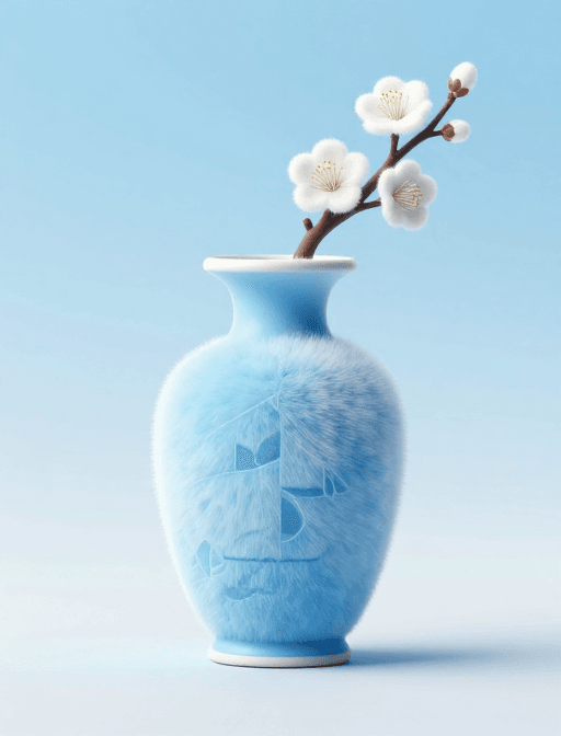 陶瓷艺术素材：毛绒梅花与景德镇蓝釉的极简禅意插画