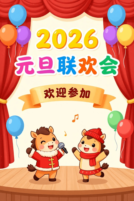 手绘插画素材：2026元旦联欢会 温馨手绘节日海报