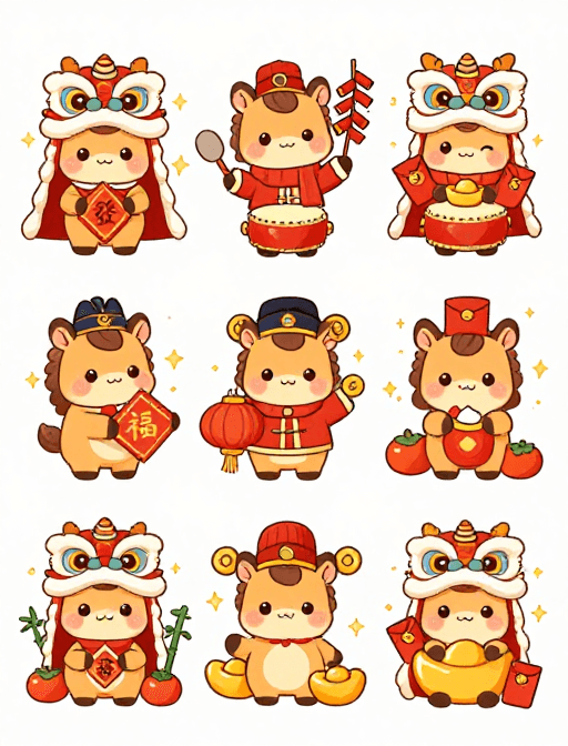 春节插画素材：萌趣国潮新春小马插画集