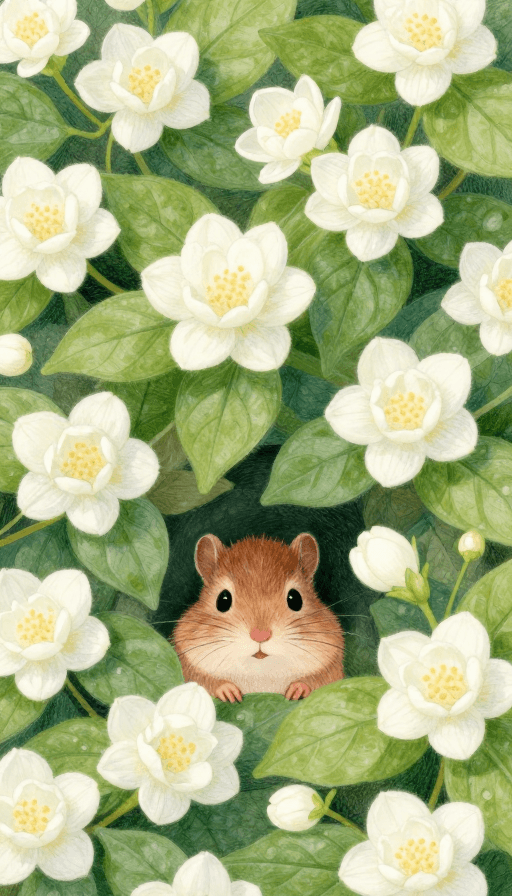 治愈系插画素材：治愈系茉莉花与花栗鼠的静谧时光