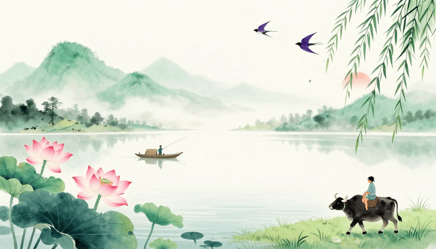 UI背景设计素材：水墨空灵意境：粉荷渔舟与牧童的山水画卷