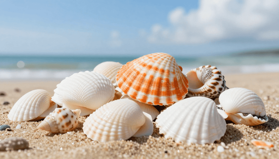 海洋元素素材：海滩贝壳特写：自然光影下的细腻纹理与色彩平衡