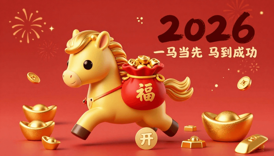Q版卡通素材：金骏迎福2026：萌马携财包新春大吉