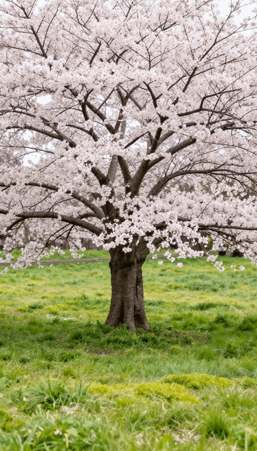 春季主题素材：樱花盛放时节的草地中景实景摄影