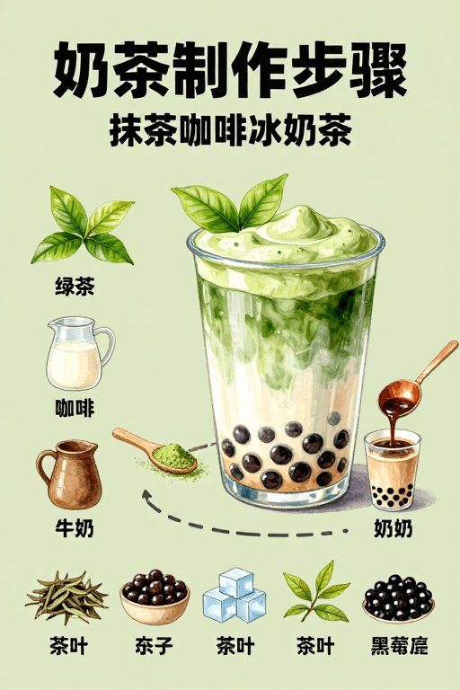 广告用途素材：清新水彩风：抹茶咖啡冰奶茶制作步骤